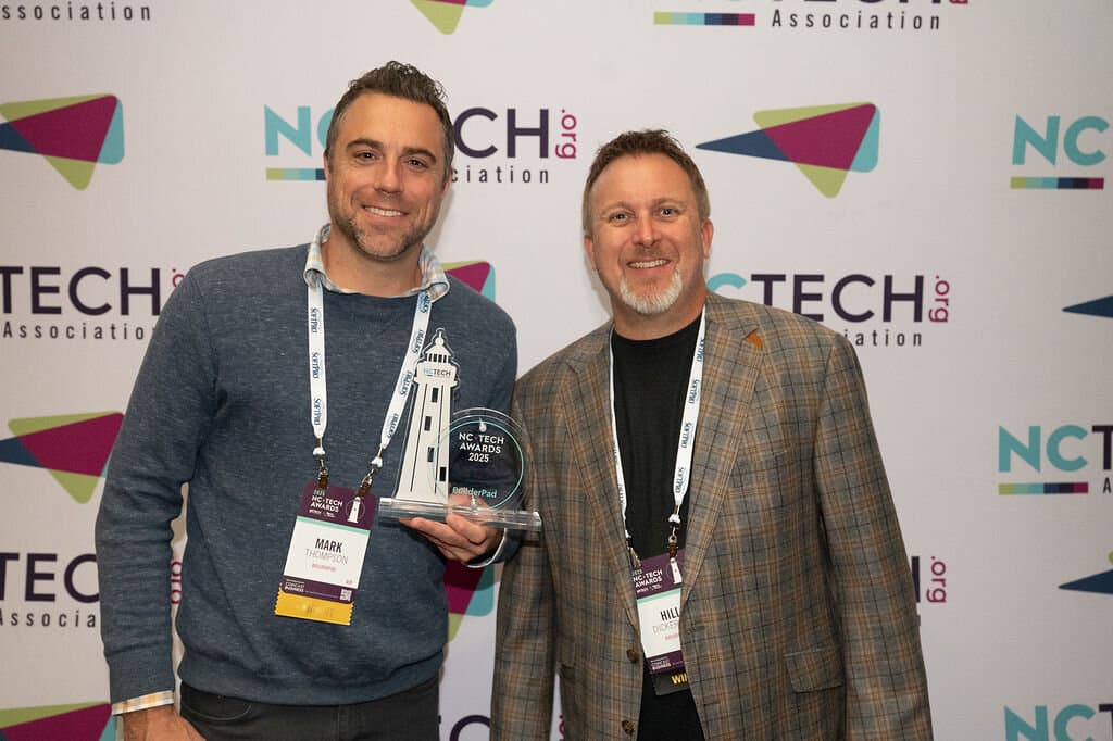 BuilderPad co-founders Mark Thompson and Hill Dickerson accepting the 2025 NC TECH Award