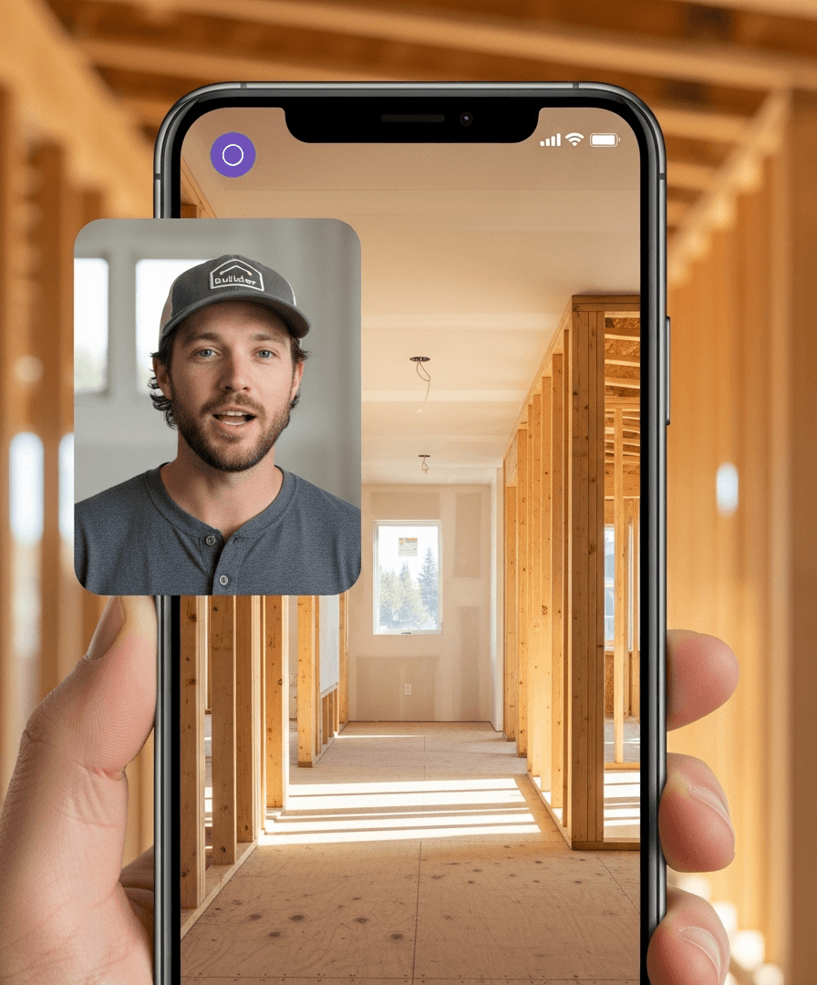 Project manager walking a custom-home build with BuilderPad's dual-camera capture — picture-in-picture shows the PM in safety gear; main view shows the framing interior with AI auto-tagging active.